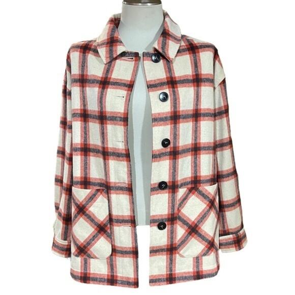 Ott Flannel Shirt Jacket Oatmeal Red Black Plaid Medium / Large - Picture 1 of 6